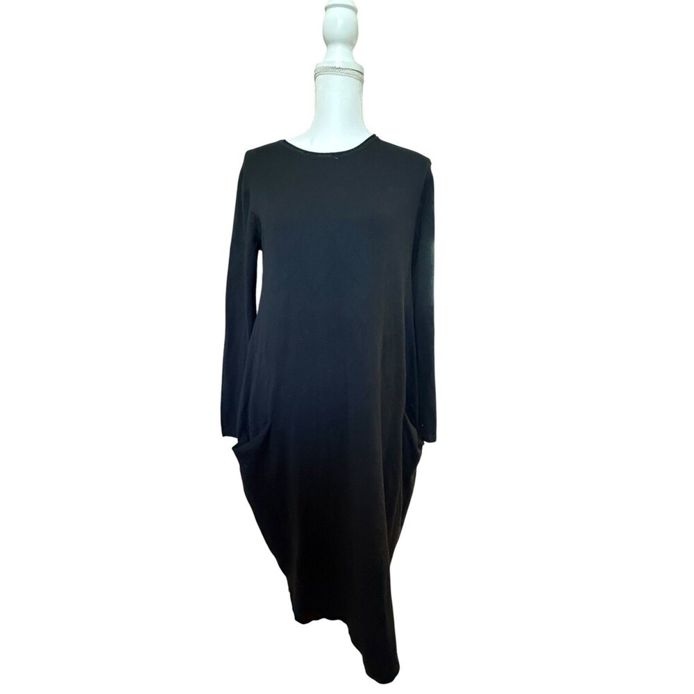 Meo Meli Black Cocoon Pocket Dress One Size Asymmetrical Hem Long Sleeve Boho - Picture 2 of 9